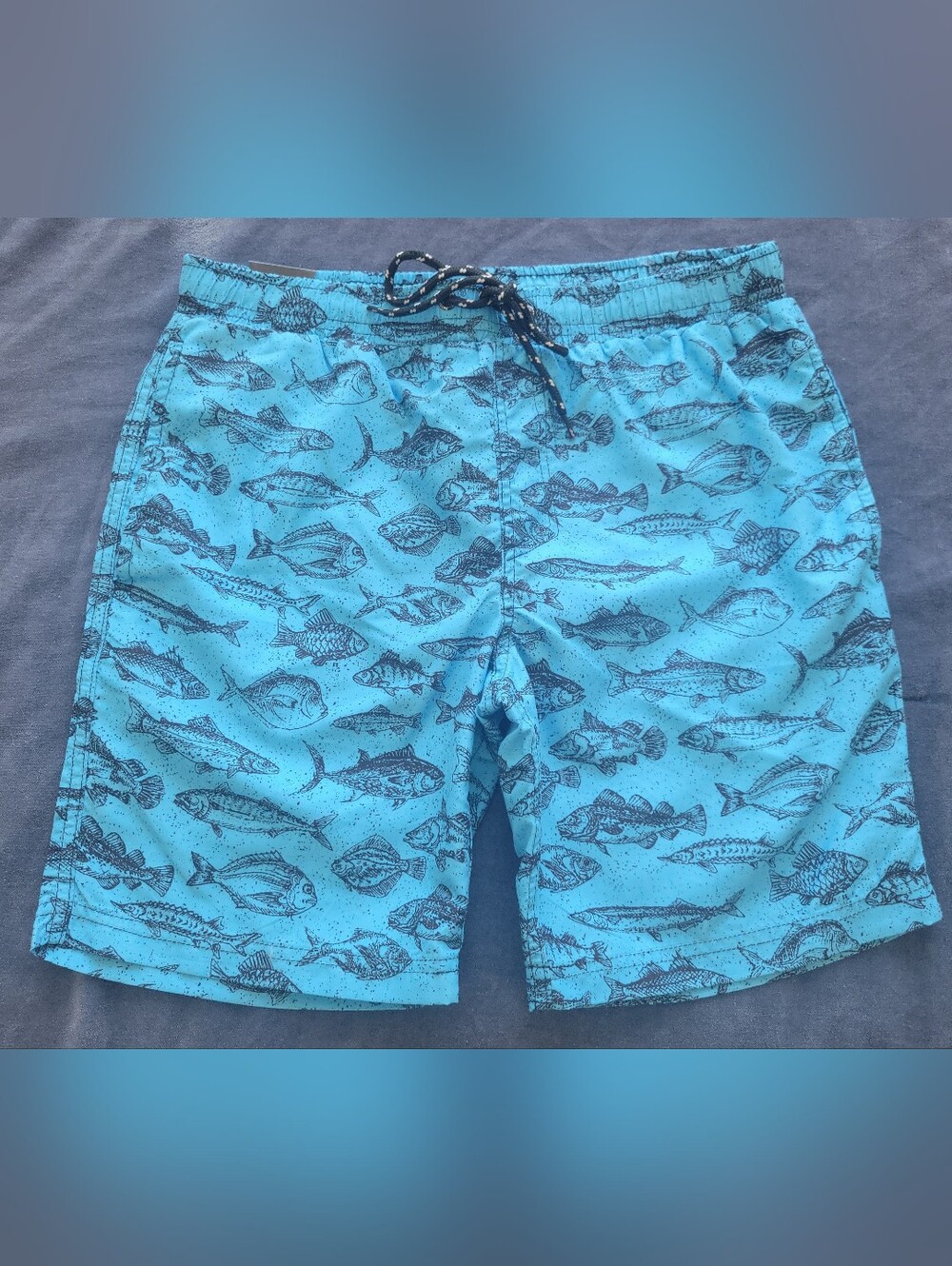 Men's Blue Fish-Print Swim Trunks with Drawstring